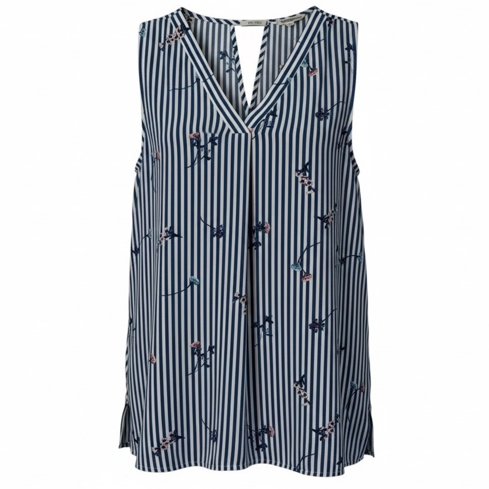 Pleione Blouse Womens XL Blue White Striped Floral Sleeveless V Neck Hi Low